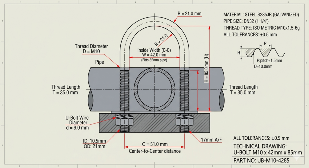 Technical drawing of U-bolt showing key dimensions D, W, H, and T for industrial piping